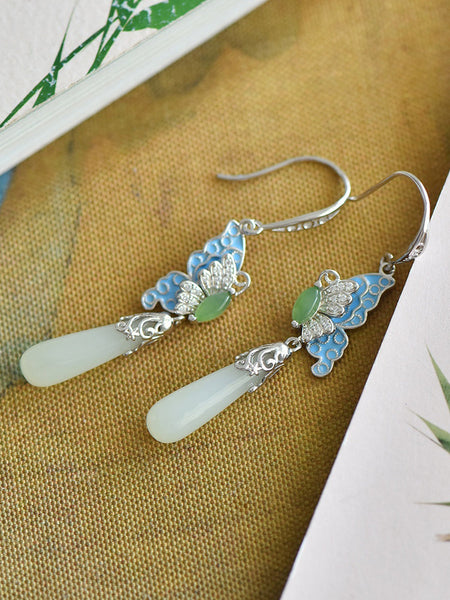 Butterfly Ethnic Enamel Earrings Women Jade S925Silver FashionChic