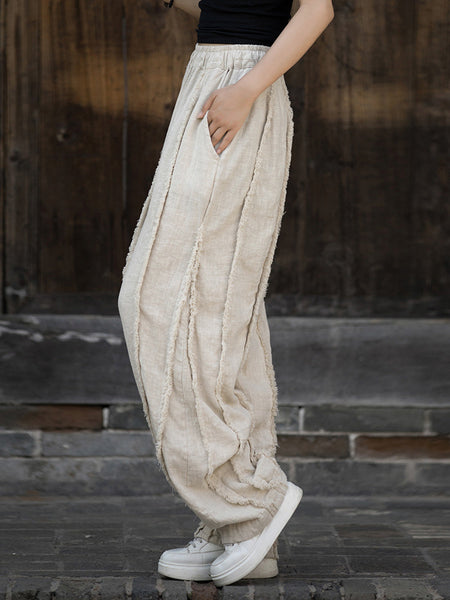 Women Ethnic Solid Raw-edge Wide-leg Ramie Pants FD053 BXF