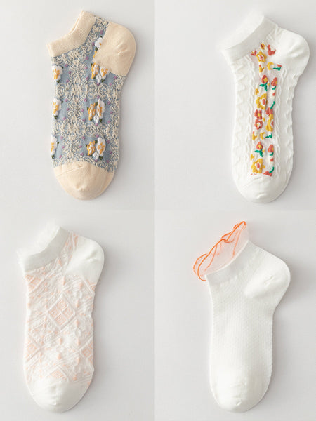4 Pairs Women Summer Artsy Flower Jacquard Socks AS1009 Ada Fashion