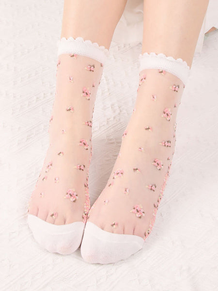 8 Pairs Women Summer Floral Jacquard Thin Socks LL007 BUYKUD
