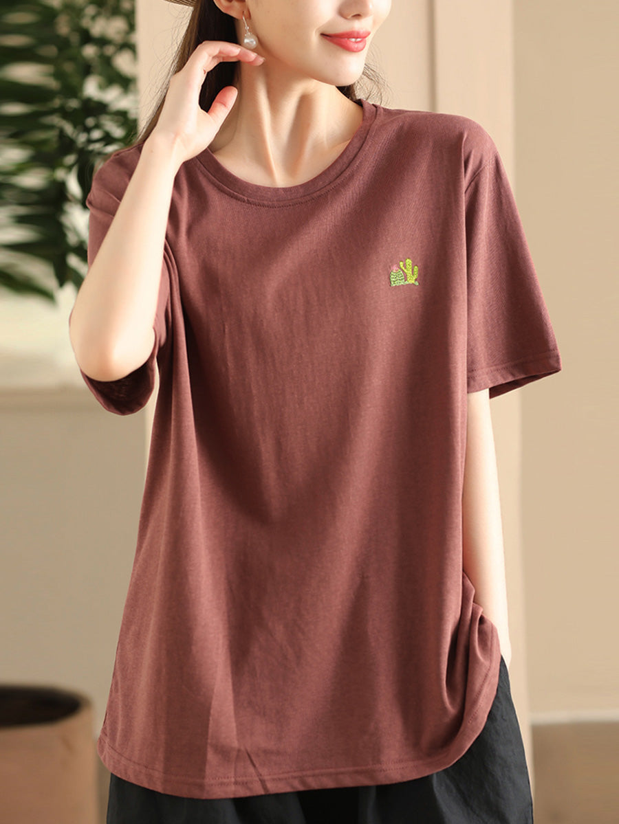 Women Summer Casual Solid Embroidery O-Neck Cotton Shirt CX060 JPFS