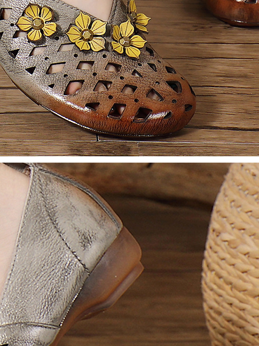 Heel Flower Hollow Low Shoes Leather Women Out Ethnic FashionChic