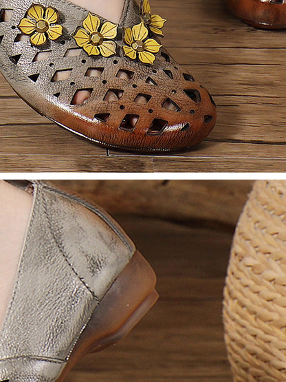 Heel Flower Hollow Low Shoes Leather Women Out Ethnic FashionChic