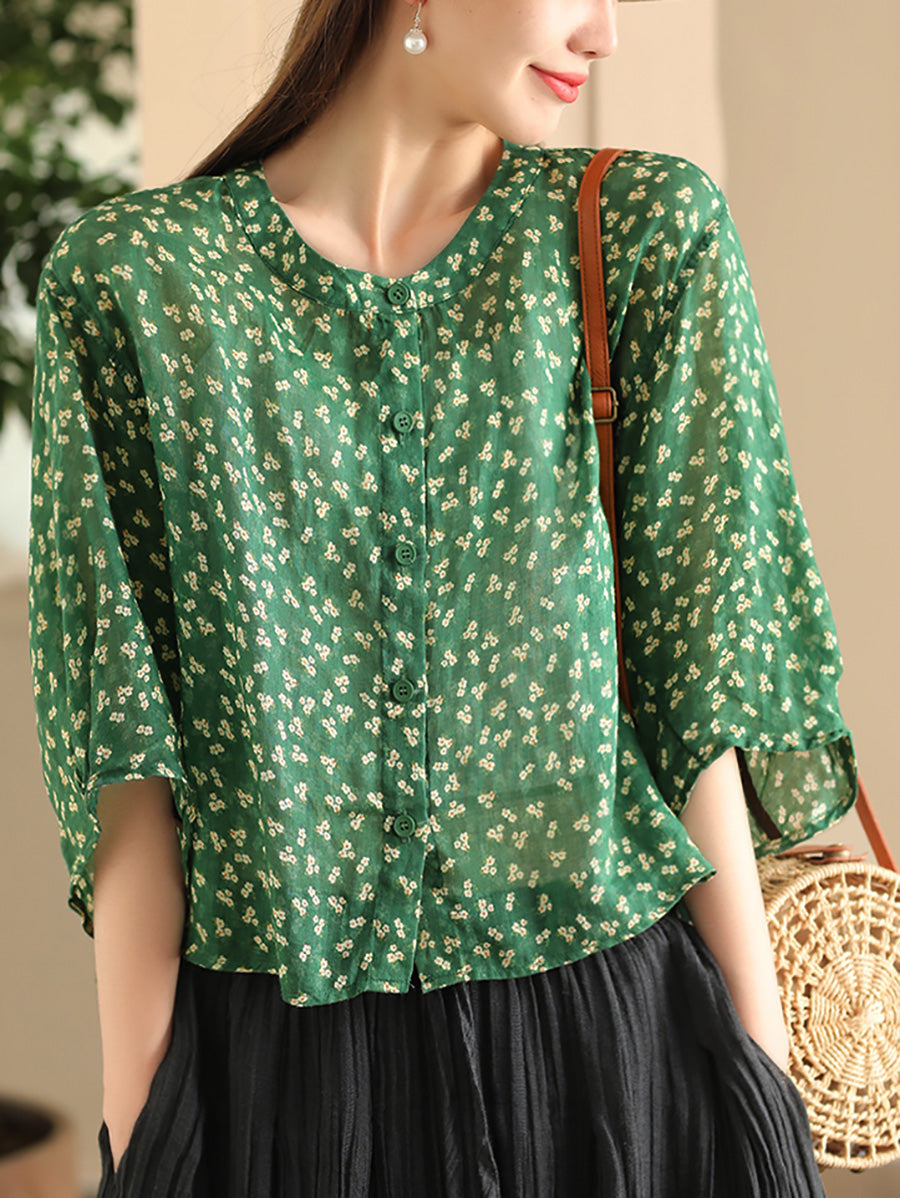 Women Summer Artsy Floral O-Neck Thin Shirt FD023 XJYF