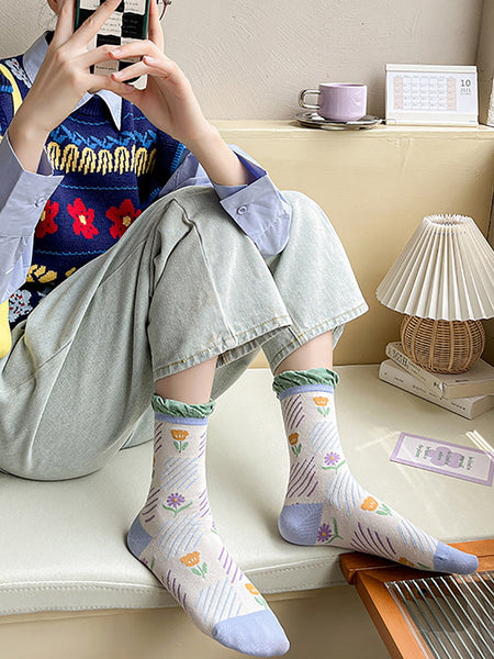 5 Pairs Women Artsy Flower Cotton Socks IO1012 Ada Fashion