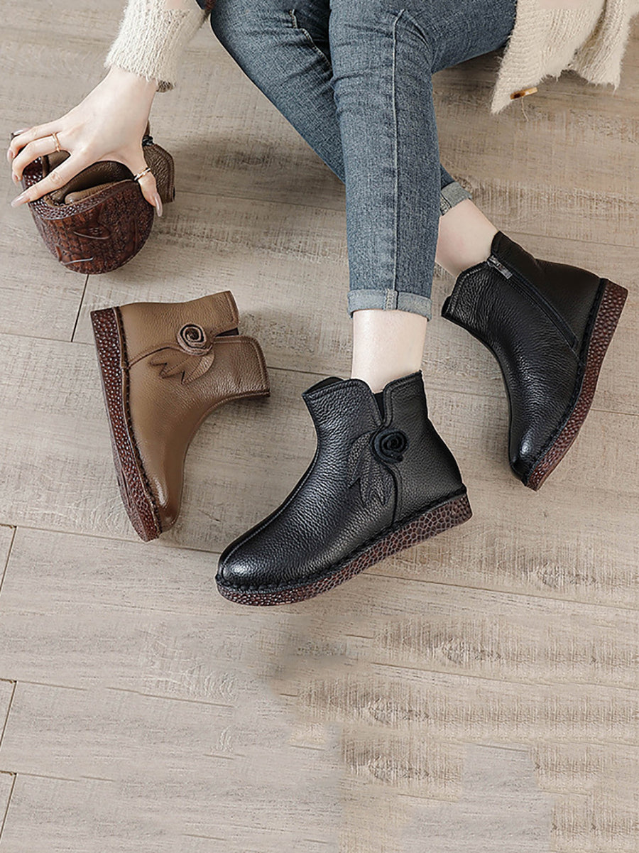 Women Vintage Genuine Leather Flower Flat Ankle Boots QN013 BC