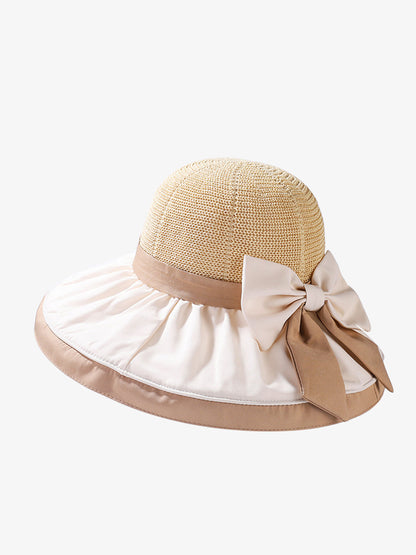 Women Summer Colorblock Large Brim Bowknot Hat WE1003 Ada Fashion