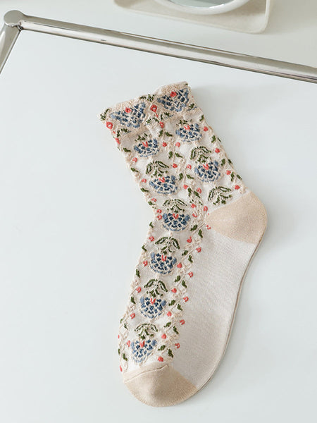 5 Pairs Women Artsy Floral Jacquard Cotton Socks AS1030 BUYKUD