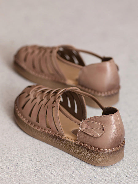 Leather Sandals Heel Low Women Weave Summer FashionChic