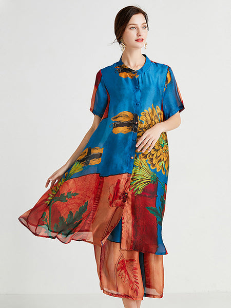 Plus Size Women Artsy Flower Spliced Long Shirt+Pants HH053 BK