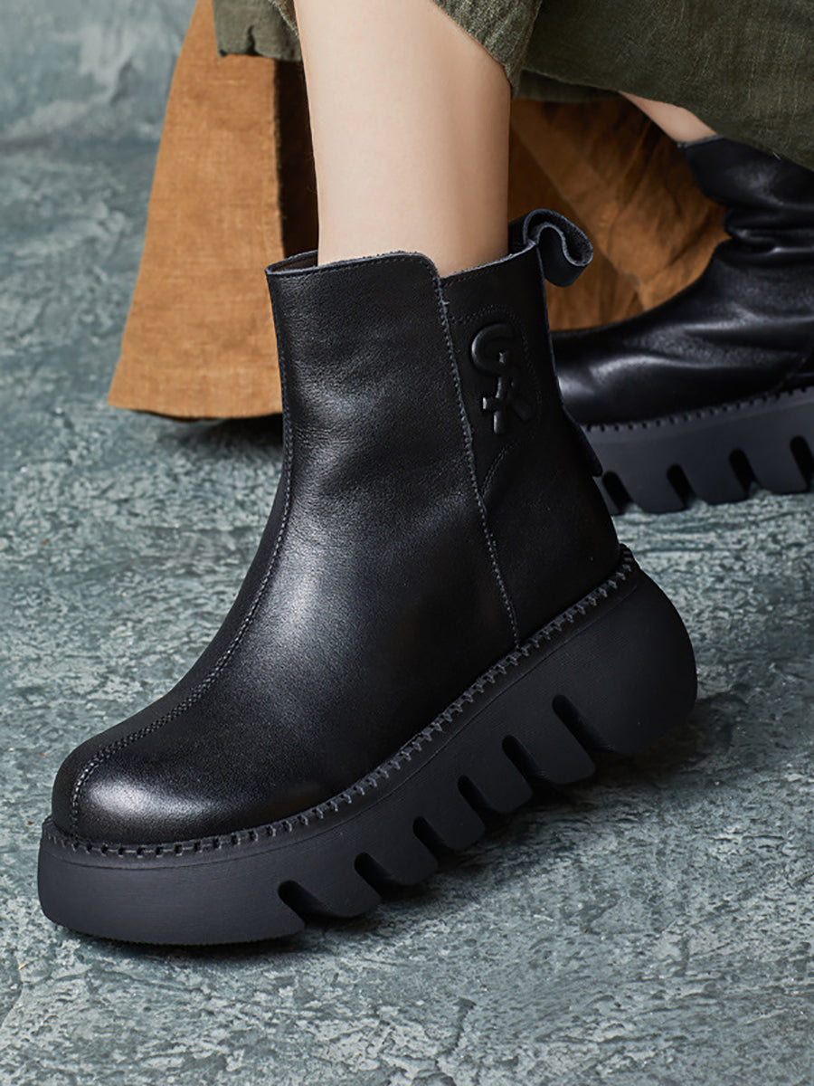 Women Retro Genuine Leather Platform Boots QM017 RXMY