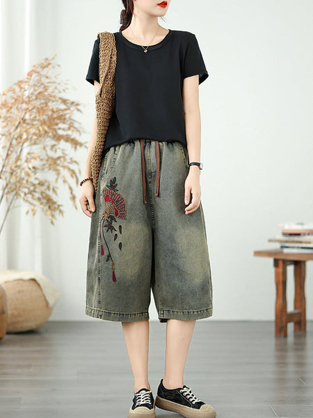 Straight Embroidery Women Denim Fifth Pants Flower Retro FashionChic