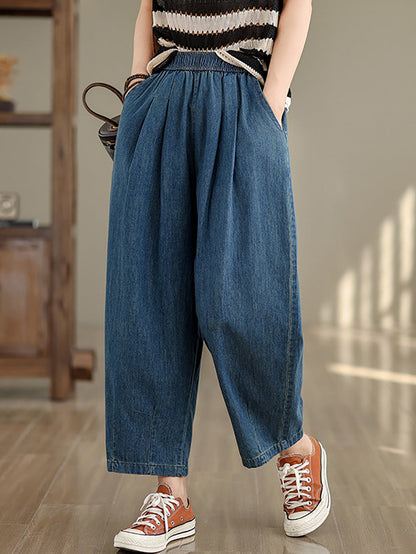 Women Summer Vintage Solid Denim Loose Harem Pants OP1007 BUYKUD