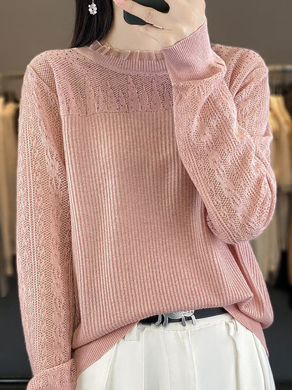 Women Autumn Solid Lace Knit Sweater QM030 BK