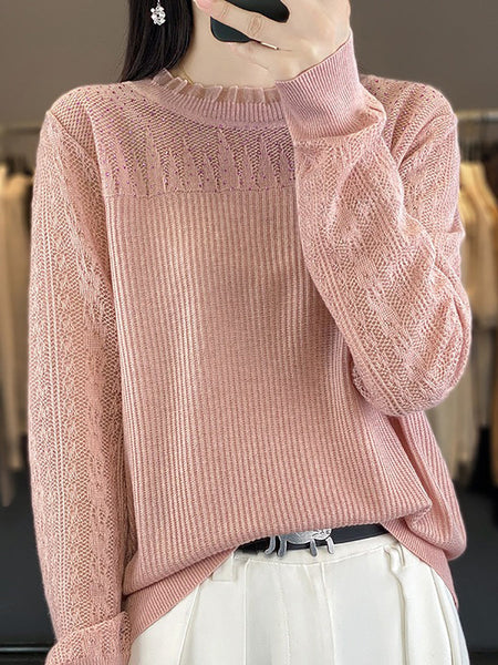 Women Autumn Solid Lace Knit Sweater QM030 BK