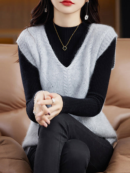 Women Casual Wool V-Neck Twist Knit Vest BA1045 Genistyle Shop