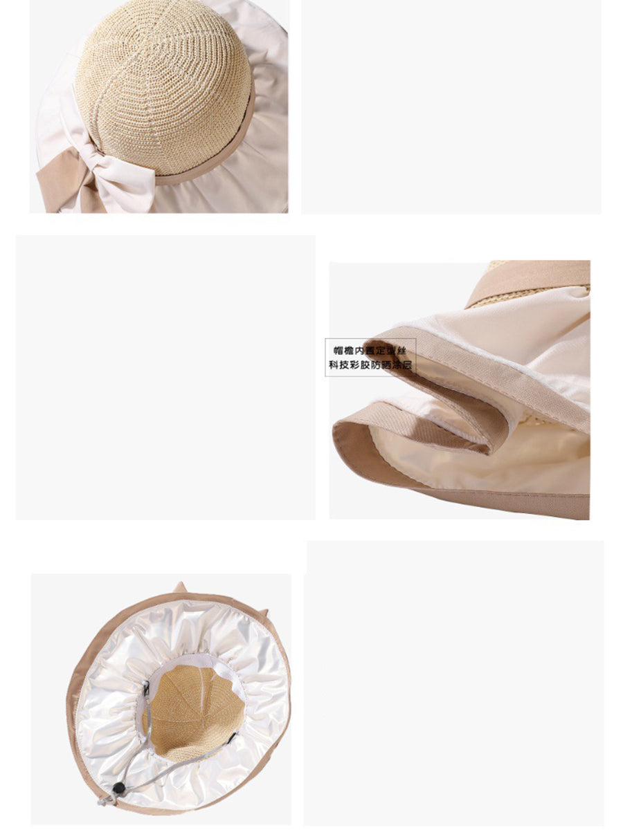 Women Summer Colorblock Large Brim Bowknot Hat WE1003 Ada Fashion