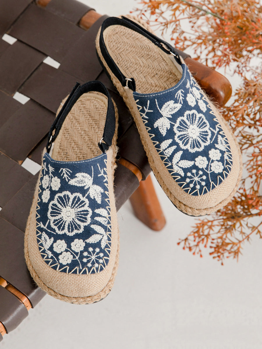 Women Sandals Linen Embroidery Ethnic Flower FashionChic