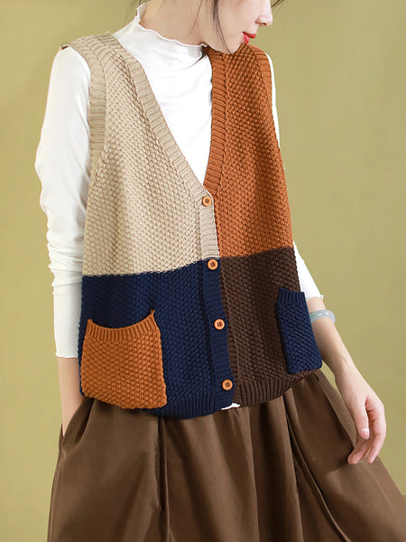 Women Autumn Colorblock Knitted V-Neck Vest CV1029 Ada Fashion