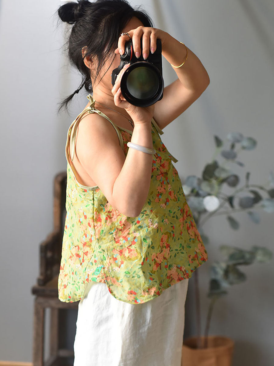 Women Prairie Chic Floral Drawstring Ramie Vest HH001 QYMM