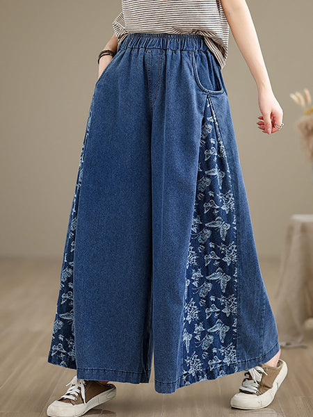 Women Vintage Summer Butterfly Spliced Wide-leg Denim Pants KL1037 Ada Fashion