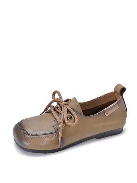 Women Summer Retro Solid Leather Square Toe Flat Shoes CX041 TZTJ