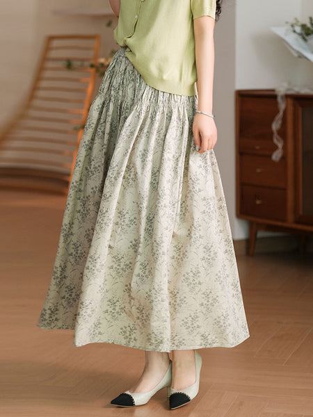Women Summer Artsy Floral Shirred Cotton Skirt WE1042 Ada Fashion