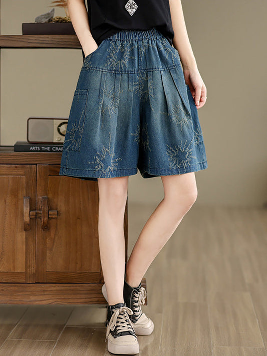 Women Summer Retro Star Jacquard Denim Fifth Pants CC012 ZMFS