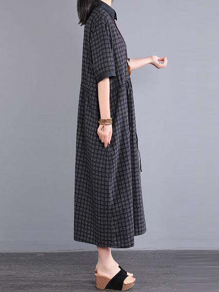 Plus Size Women Artsy Plaid Cotton Linen Dress KL1021 Ada Fashion