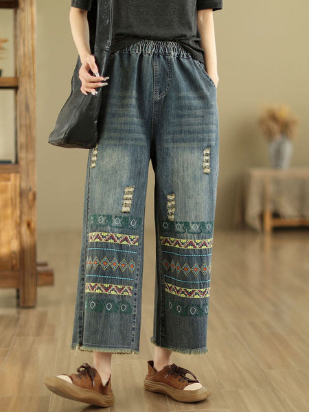 Women Summer Retro Embroidery Frayed Straight Denim Pants AS1042 Ada Fashion