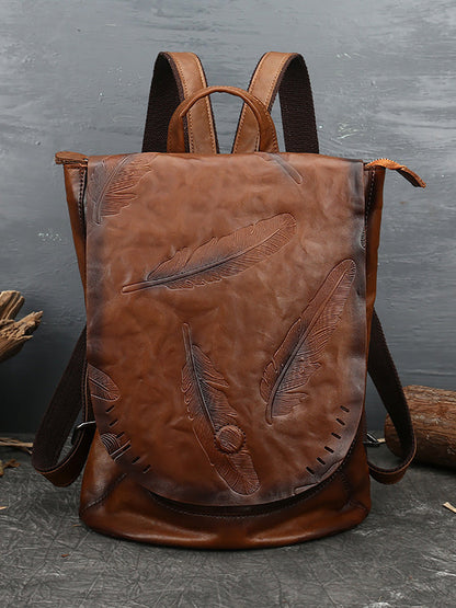 Women Vintage Leather Feather Embossing Backpack AH1089 ZLPJ