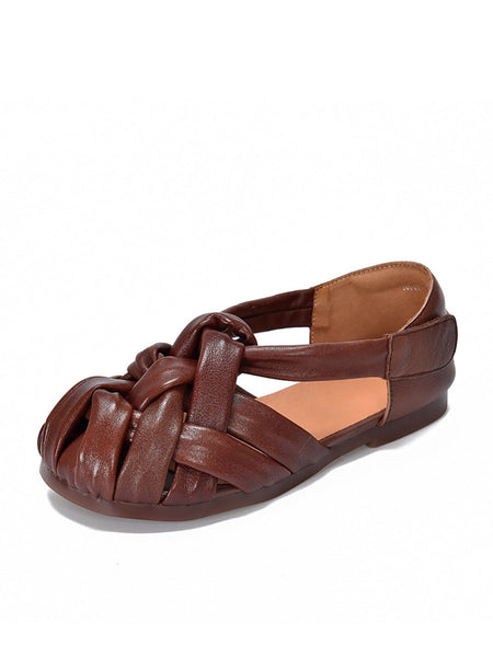 Summer Leather Flat Retro Women Weave Genuine Shoes FashionChic