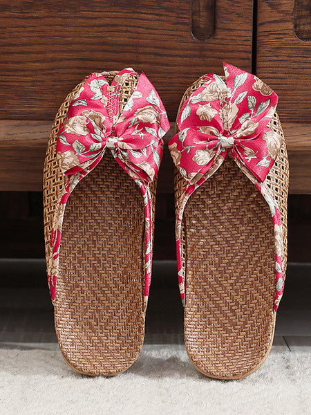 Bowknot Ethnic Weave Women Indoor Slippers Straw Flower FashionChic