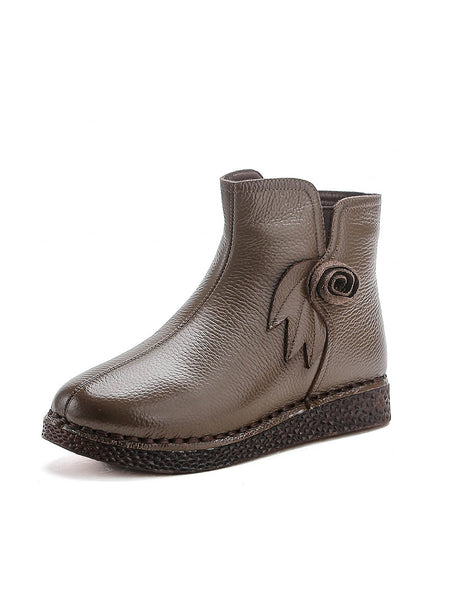 Women Vintage Genuine Leather Flower Flat Ankle Boots QN013 BC