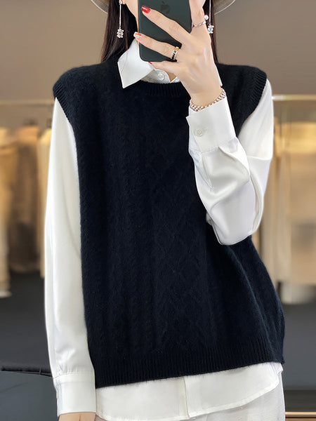 Women Casual Wool O-Neck Twist Knit Vest QU007 BUYKUD