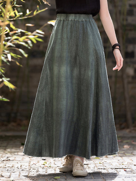 Women Summer Solid Vintage Linen A-Shape Skirt OO1003 BUYKUD