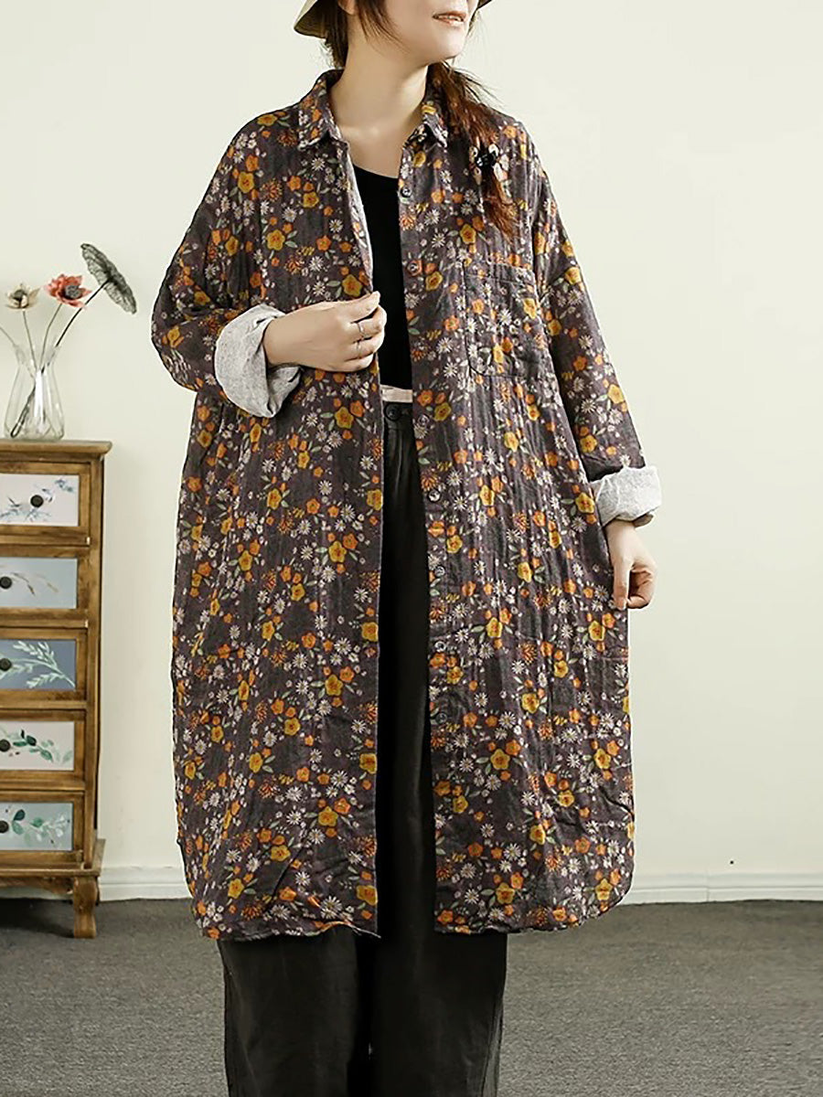 Women Vintage Autumn Flower Button-up Thin Cotton Coat AK1014 Genistyle Shop