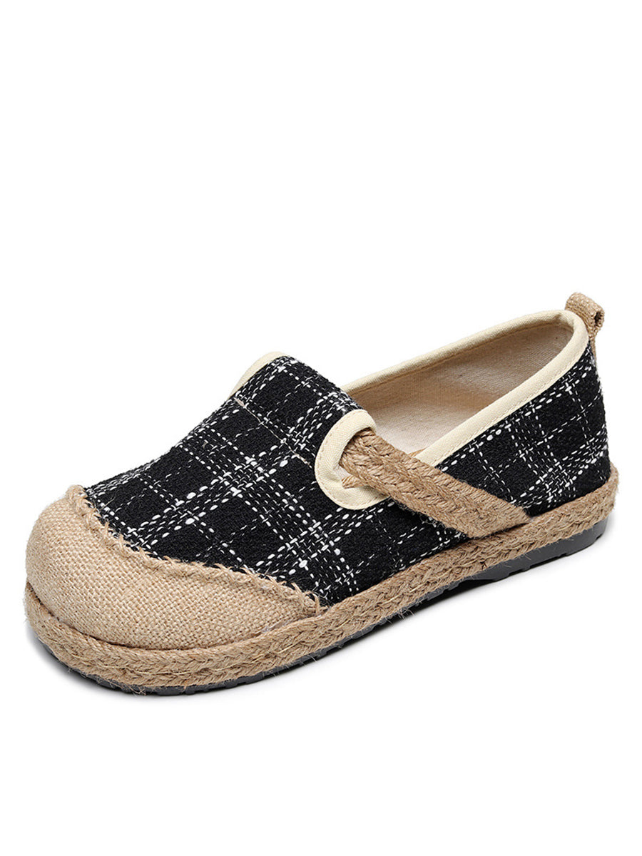 Women Artsy Summer Plaid Linen Spliced Flat Shoes RR007 BUYKUD