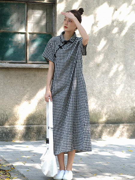 Plus Size Women Summer Vintage Plaid Frog Loose Dress WE1031 Ada Fashion