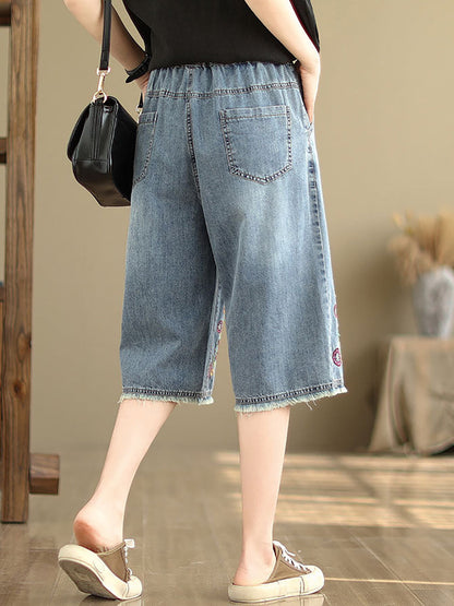 Women Summer Embroidery Knee-Length Denim Pants IO1023 Ada Fashion