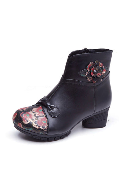 Women Ethnic Autumn Flower Spliced Leather Mid-Heel Boots AI1019 MXXZ