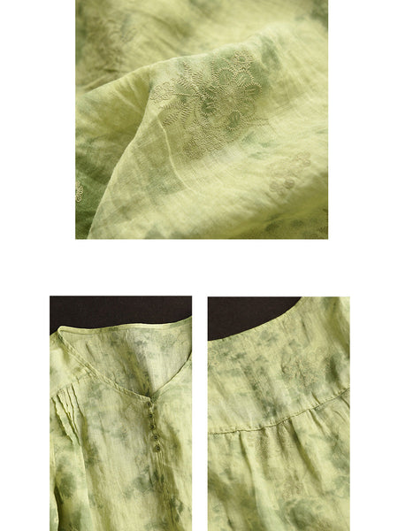 Women Summer Artsy Flower V-Neck Thin Ramie Shirt FD004 BUYKUD