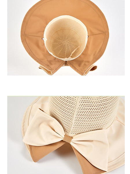 Women Summer Artsy Solid Spliced Bowknot Sunproof Hat CX001 BUYKUD