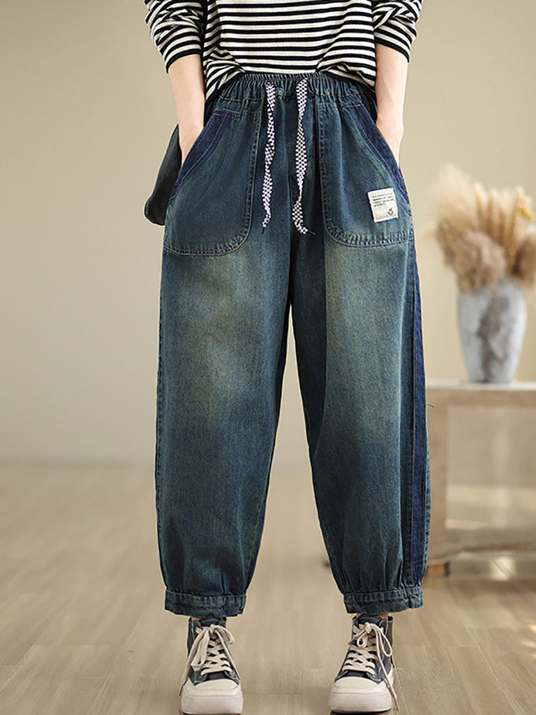 Women Casual Pockets Washed Denim Harem Pants AT1003 ZMFS