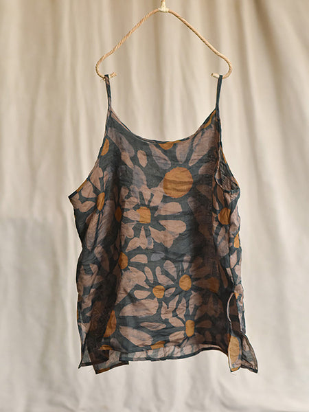 Women Vintage Flower Split Hem Thin Summer Ramie Vest HH051 QYMM