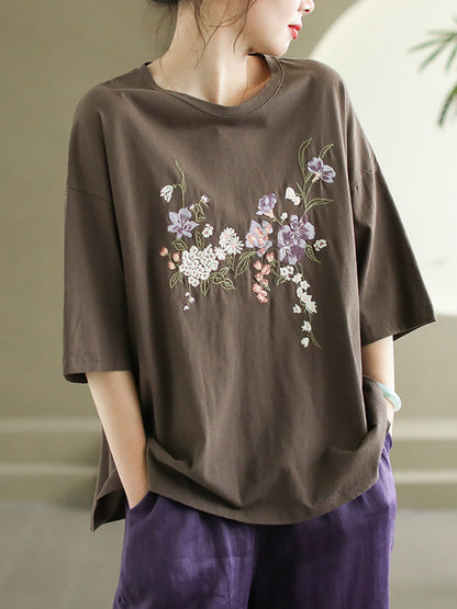 Women Summer Flower Embroidery Cotton O-Neck Shirt AS1007 Ada Fashion