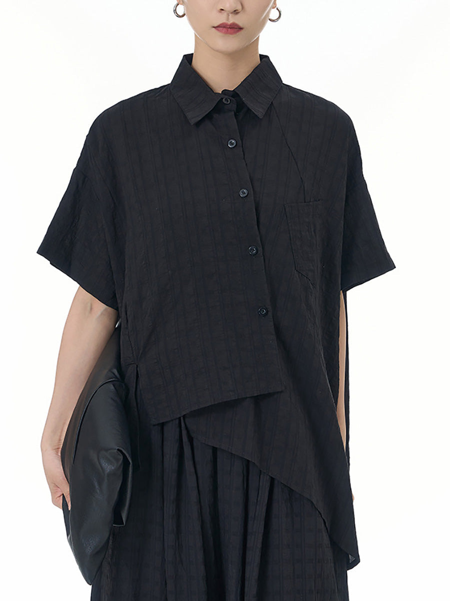 Women Summer Artsy Plaid Button-up Irregular Hem Shirt CX033 AYFZ