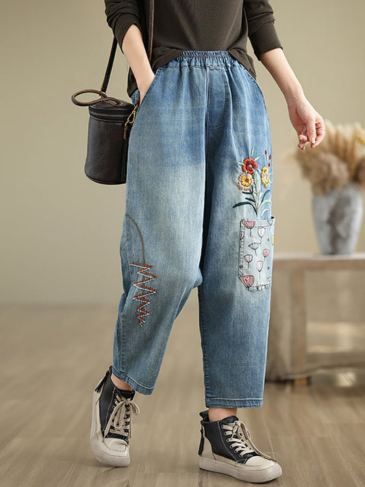 Women Autumn Artsy Flower Embroidery Denim Harem Pants AI1074 ZMFS