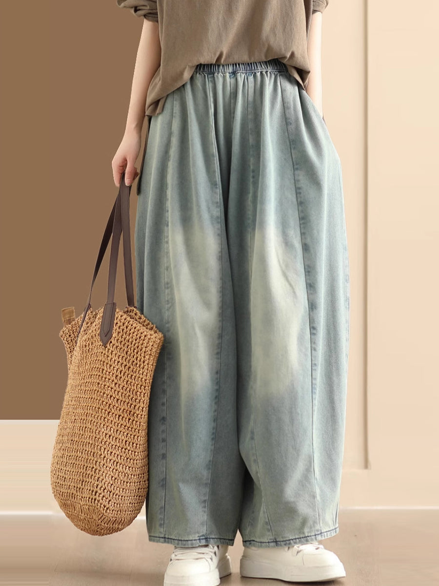 Women Vintage Washed Spliced Denim Wide-leg Pants QW1007 Ada Fashion