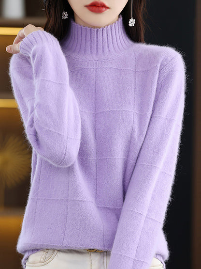 Women Autumn Casual Half Turtleneck Plaid 100%Wool Sweater QU031 BK